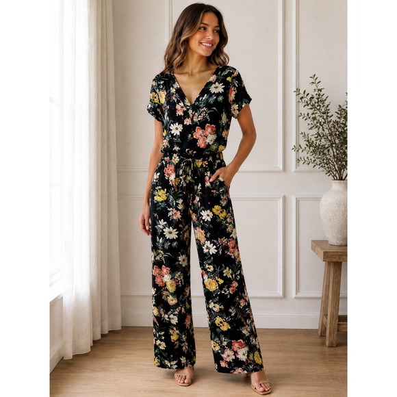 LOFT Pants - LOFT Navy Blue Floral Short Sleeve Wide Leg Jumpsuit V-Neck Size 2
